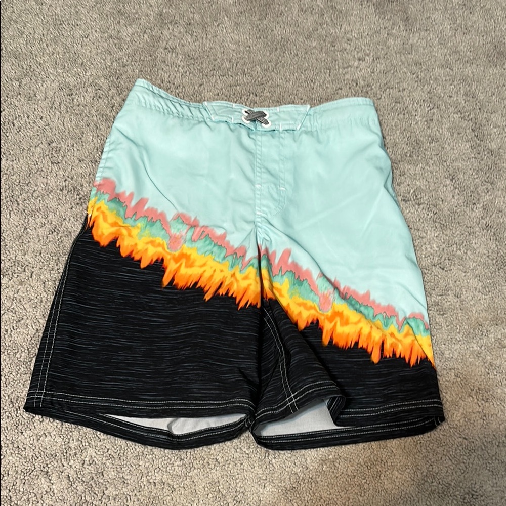 Wonder Nation Kids Swim Trunks - Aqua and Black with Orange Accents